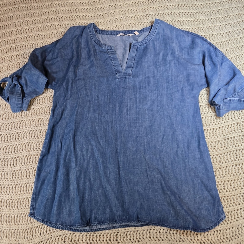 Soft Surroundings Womens Shirt Cold Shoulder Chambray Tie Sleeves Tencel Size S